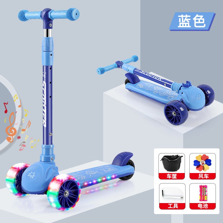 Scooter Children 1-3-6-8 Years Old Children Can Ride on Scooter Three-in-One Balance Car Scooter Blue folding Hummer wheel + Music