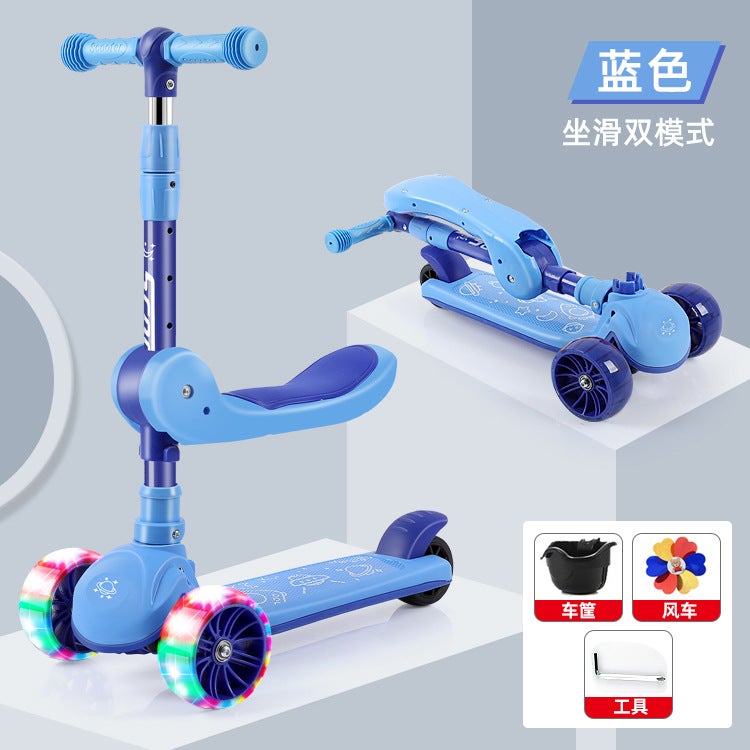 Scooter Children 1-3-6-8 Years Old Children Can Ride on Scooter Three-in-One Balance Car Scooter Blue folding Hummer wheel seat