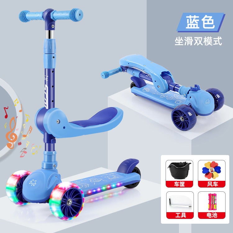 Scooter Children 1-3-6-8 Years Old Children Can Ride on Scooter Three-in-One Balance Car Scooter Blue folding Hummer wheel music seat