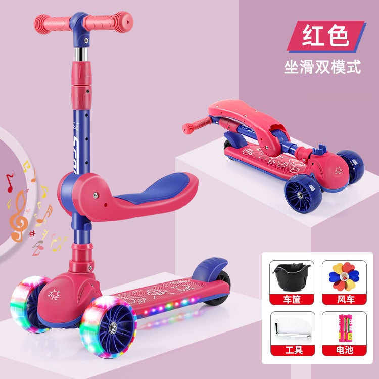 Scooter Children 1-3-6-8 Years Old Children Can Ride on Scooter Three-in-One Balance Car Scooter Red folding Hummer wheel music seat