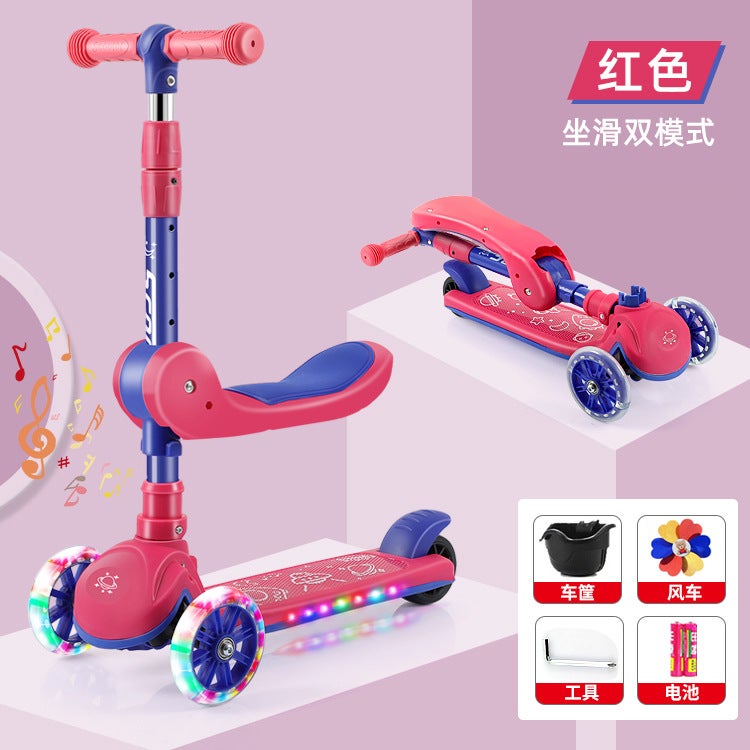 Scooter Children 1-3-6-8 Years Old Children Can Ride on Scooter Three-in-One Balance Car Scooter Red folding flash wheel + Music + seat