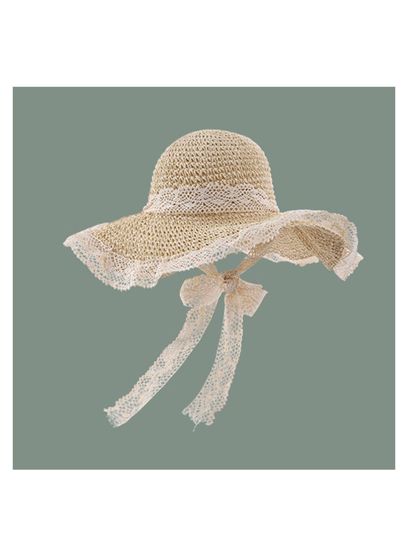 Stylish Women's Wide Brim Straw Hat for Spring and Summer with Lace Trim, Foldable Beach Hat for UV Protection