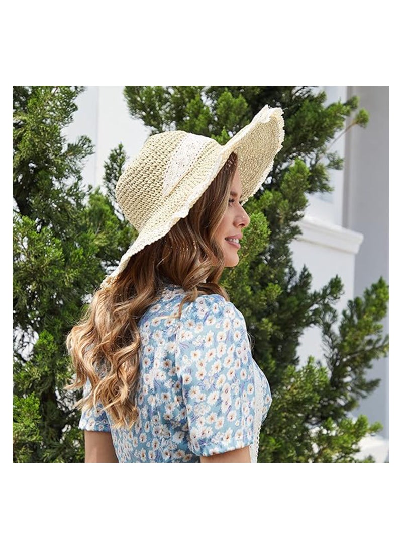 Stylish Women's Wide Brim Straw Hat for Spring and Summer with Lace Trim, Foldable Beach Hat for UV Protection