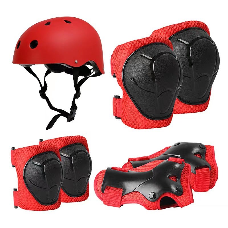 Kids Skateboard Protective Gear Set Red seven-piece set (helmet knee pads elbow pads)