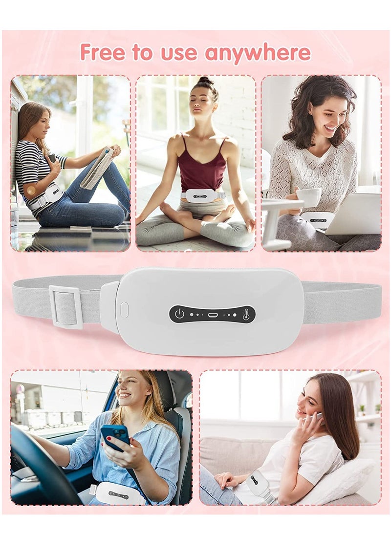 Pain Relief Heating Pad Period Heating Belt Menstrual Cramp Massager with 3 Heat Levels 3 Massages Modes Rechargeable Electric Fast Warming Belly Belt Gifts for Women Ladies Girls White