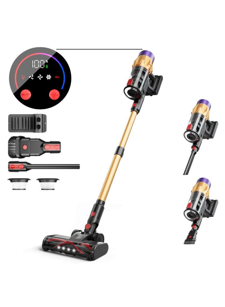 V18 Cordless Vacuum Cleaner,28Kpa/550W 6-in-1 High Powerful Stick Vacuum, 40Mins Runtime,Lightweight Vacuum with Brushless Motor,3 Power Modes & LED Display, for Hardwood Floor Carpet Pet Hair,Gold