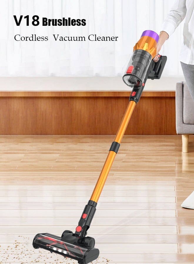 V18 Cordless Vacuum Cleaner,28Kpa/550W 6-in-1 High Powerful Stick Vacuum, 40Mins Runtime,Lightweight Vacuum with Brushless Motor,3 Power Modes & LED Display, for Hardwood Floor Carpet Pet Hair,Gold