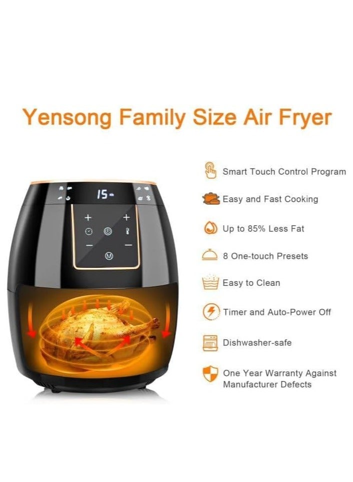 5.8QT Air Fryer with Digital Touch Screen and Temperature Control, Non-stick Basket, Free Recipes, Timer and Auto Shut Off, 1300W Oilless Cooker in Black