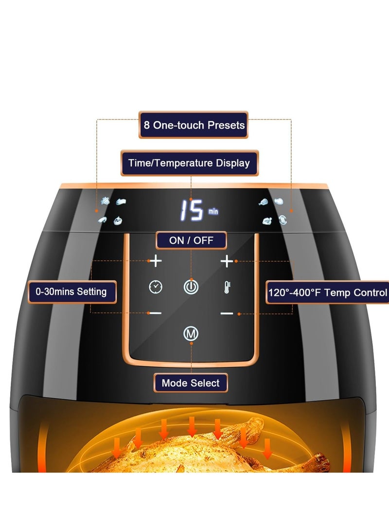 5.8QT Air Fryer with Digital Touch Screen and Temperature Control, Non-stick Basket, Free Recipes, Timer and Auto Shut Off, 1300W Oilless Cooker in Black