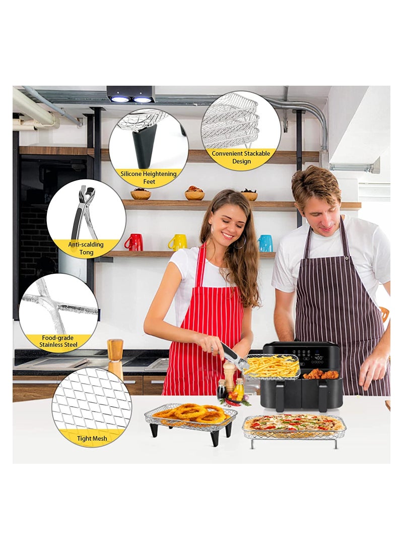 Stainless Steel Air Fryer Rack Set 3 Pcs Perfect for Ninja Dual Basket Fryers Includes Clips and Elevated Feet for Optimal Cooking