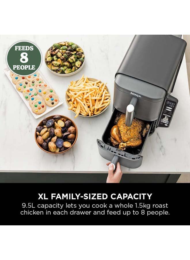 Double Stack XL Air Fryer, Vertical Dual Drawer Air Fryer With 4 Cooking Layers, 2 Drawers And 2 wire Racks, Space Saving Design, 6 Cooking Functions. 9.5 L 2470 W SL400ME Silver