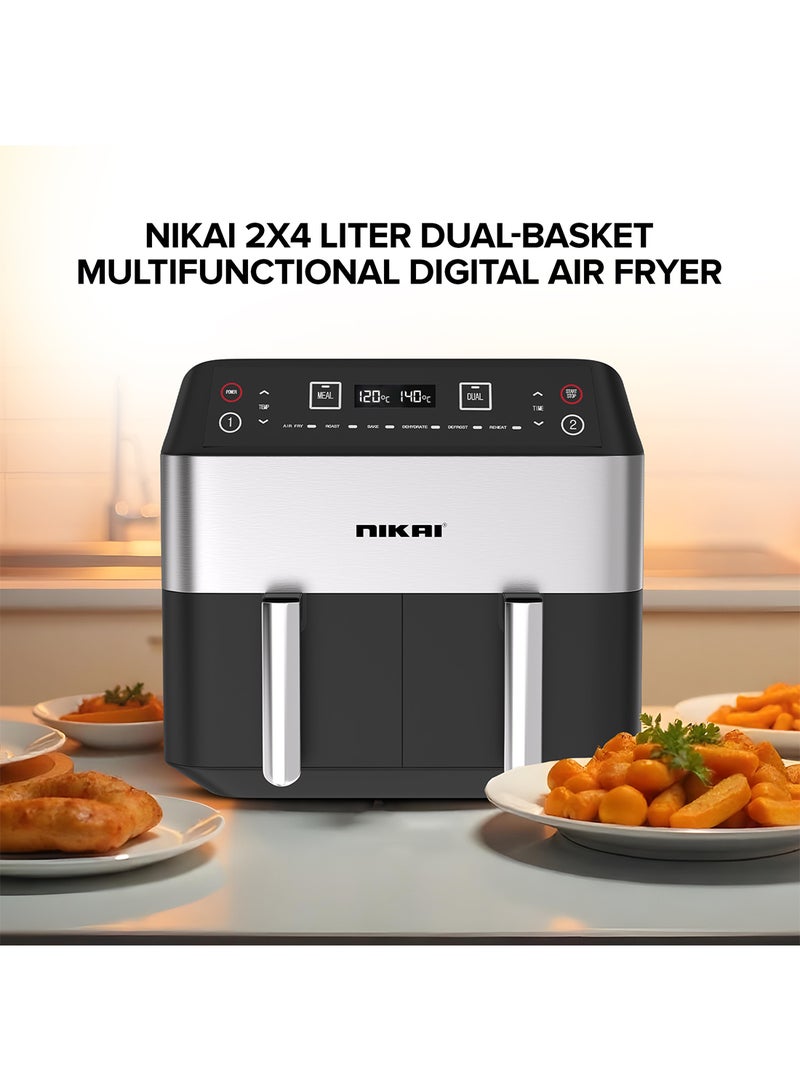 Digital Multi-Function Air Fryer, 2X4L Non-Stick Detachable Basket, Separate Temperature Settings, 2 Independent Cooking Zones, Cool Touch Body, Non-Slip Feet 1.7 L 2460 W NAF282D Black