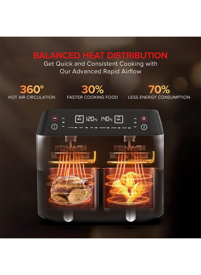 Digital Multi-Function Air Fryer, 2X4L Non-Stick Detachable Basket, Separate Temperature Settings, 2 Independent Cooking Zones, Cool Touch Body, Non-Slip Feet 1.7 L 2460 W NAF282D Black