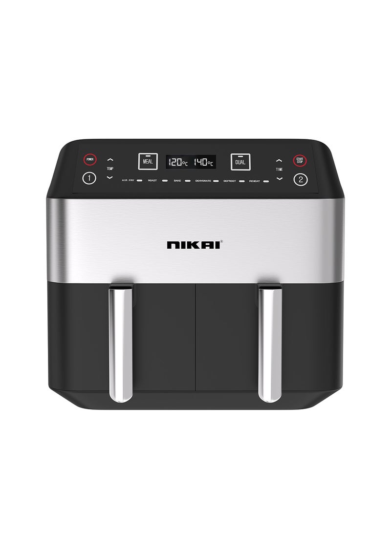 Digital Multi-Function Air Fryer, 2X4L Non-Stick Detachable Basket, Separate Temperature Settings, 2 Independent Cooking Zones, Cool Touch Body, Non-Slip Feet 1.7 L 2460 W NAF282D Black