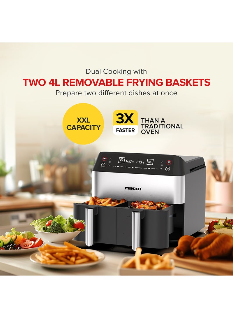 Digital Multi-Function Air Fryer, 2X4L Non-Stick Detachable Basket, Separate Temperature Settings, 2 Independent Cooking Zones, Cool Touch Body, Non-Slip Feet 1.7 L 2460 W NAF282D Black