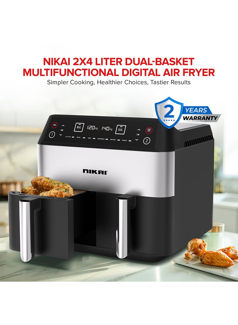 Digital Multi-Function Air Fryer, 2X4L Non-Stick Detachable Basket, Separate Temperature Settings, 2 Independent Cooking Zones, Cool Touch Body, Non-Slip Feet 1.7 L 2460 W NAF282D Black