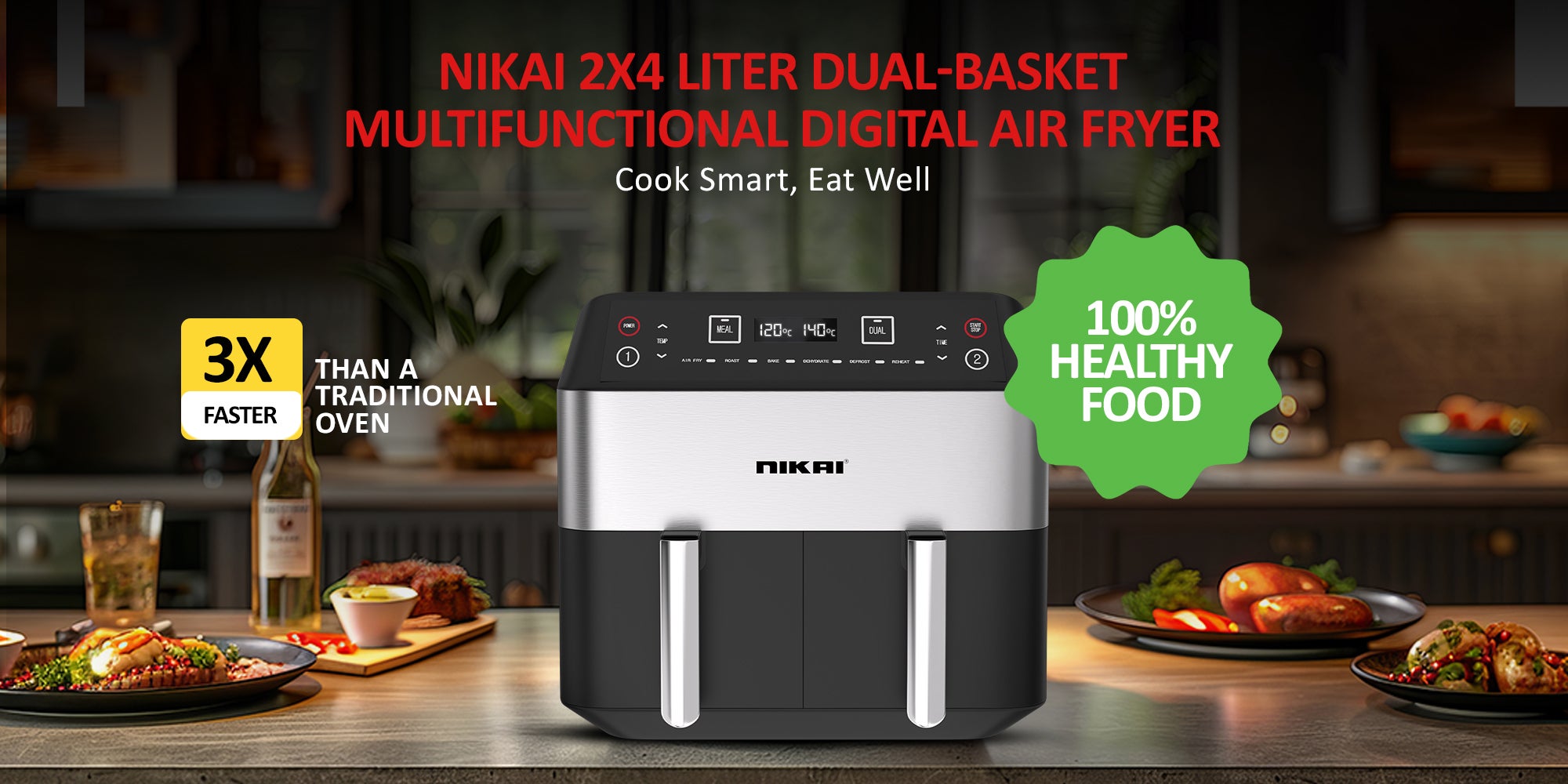 Digital Multi-Function Air Fryer, 2X4L Non-Stick Detachable Basket, Separate Temperature Settings, 2 Independent Cooking Zones, Cool Touch Body, Non-Slip Feet 1.7 L 2460 W NAF282D Black