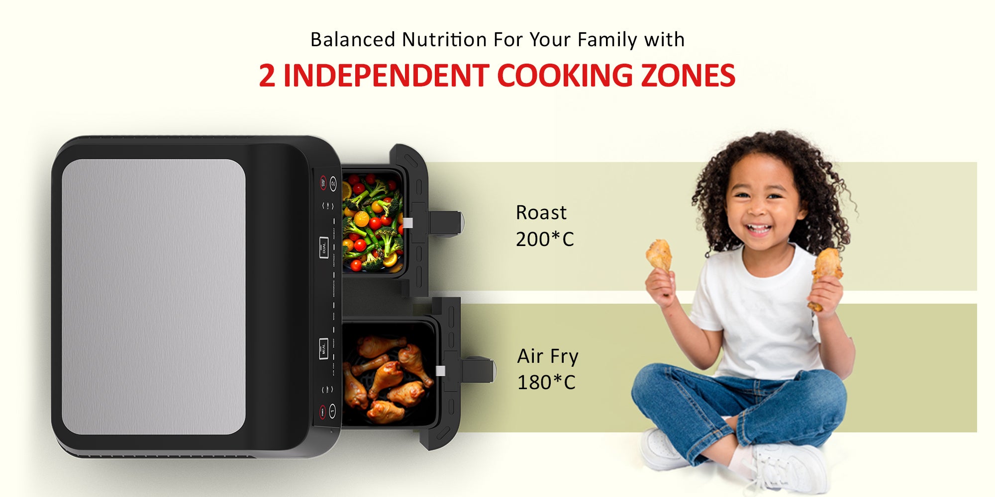 Digital Multi-Function Air Fryer, 2X4L Non-Stick Detachable Basket, Separate Temperature Settings, 2 Independent Cooking Zones, Cool Touch Body, Non-Slip Feet 1.7 L 2460 W NAF282D Black