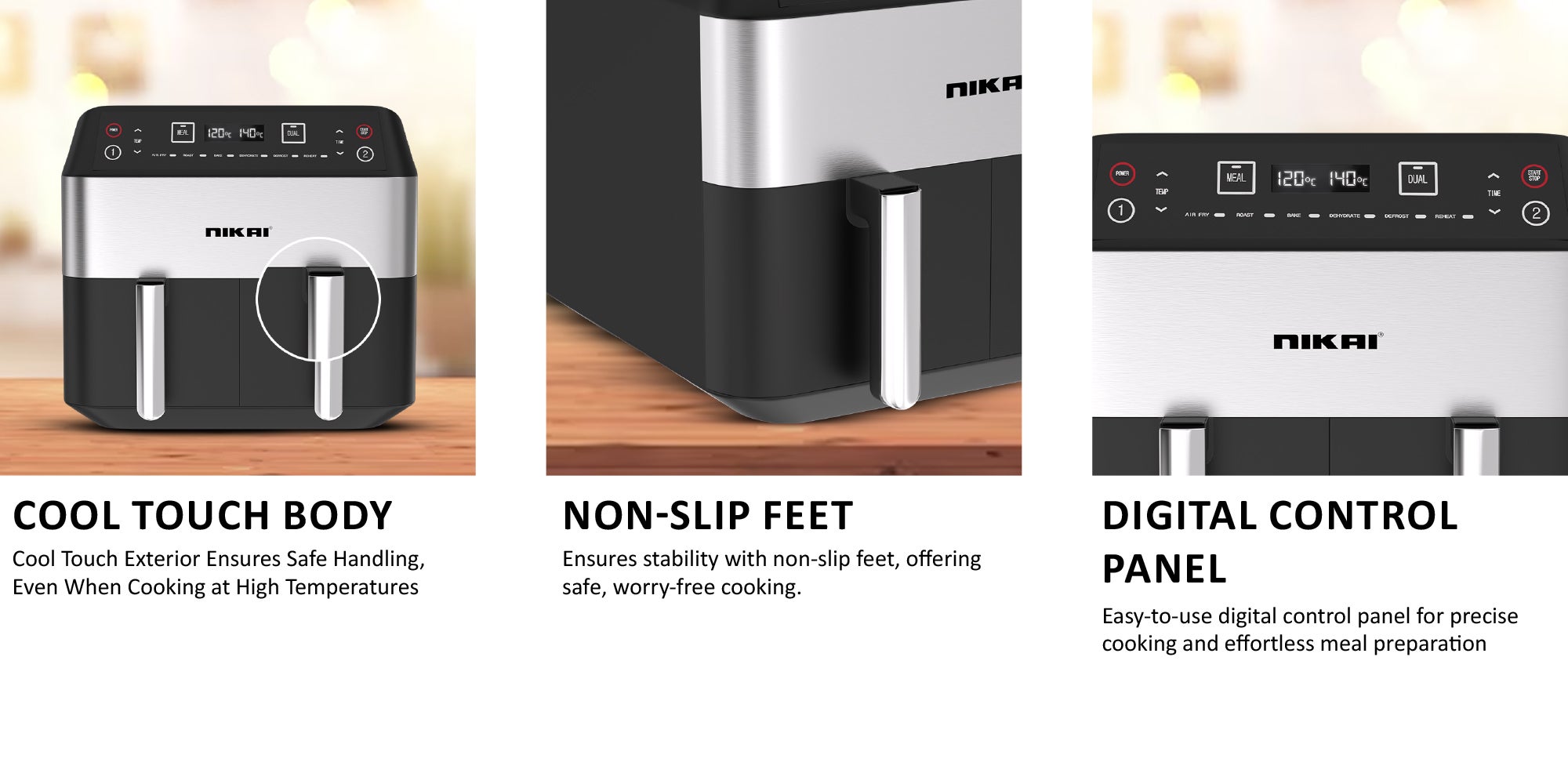 Digital Multi-Function Air Fryer, 2X4L Non-Stick Detachable Basket, Separate Temperature Settings, 2 Independent Cooking Zones, Cool Touch Body, Non-Slip Feet 1.7 L 2460 W NAF282D Black