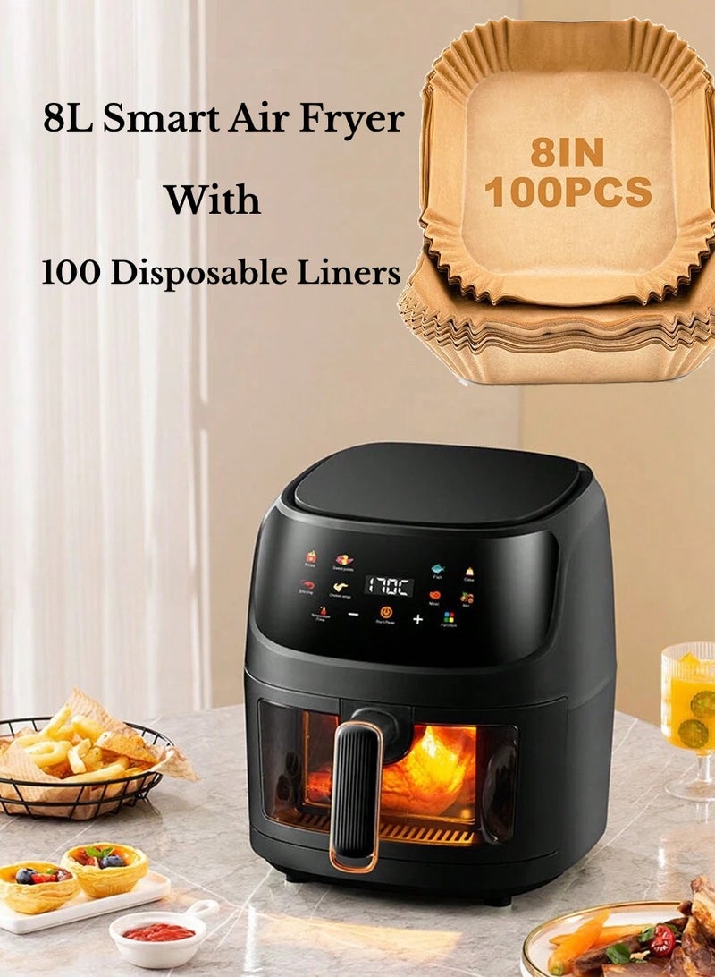 8L Air Fryer+100Pcs Disposable Liners Large Capacity With Color Touch Screen Perfect For French Fries Chicken and Steak Convenient And Beautiful Addition To Home Kitchen Eid Al-Adha Mubarak Black