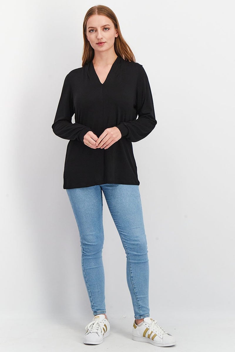 Women V Neck Long Sleeve Solid T shirt, Black