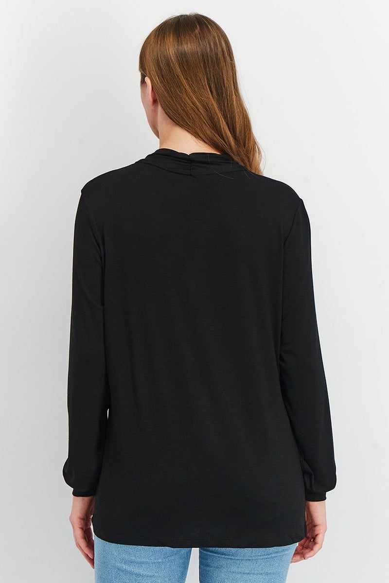 Women V Neck Long Sleeve Solid T shirt, Black