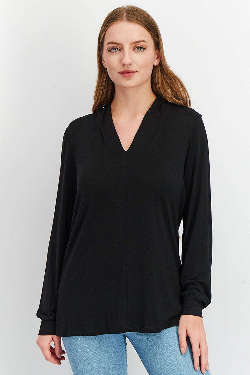 Women V Neck Long Sleeve Solid T shirt, Black