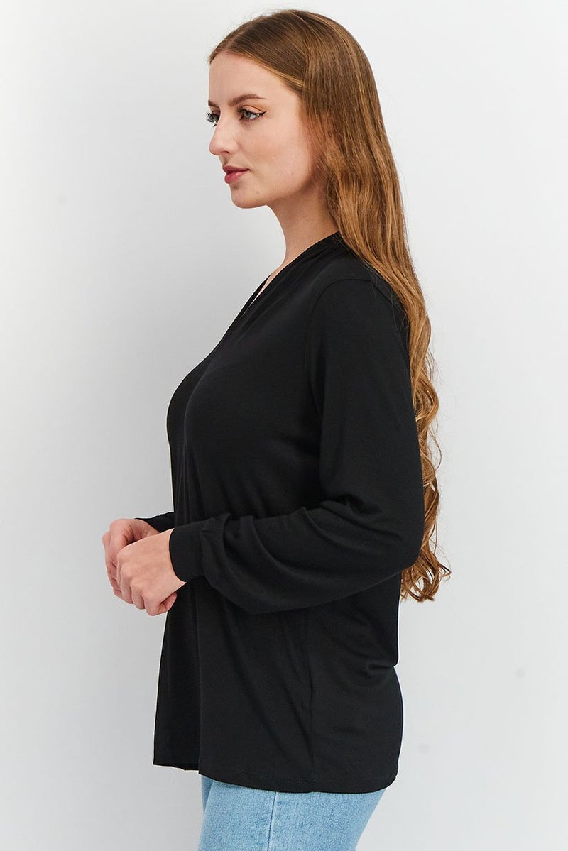 Women V Neck Long Sleeve Solid T shirt, Black