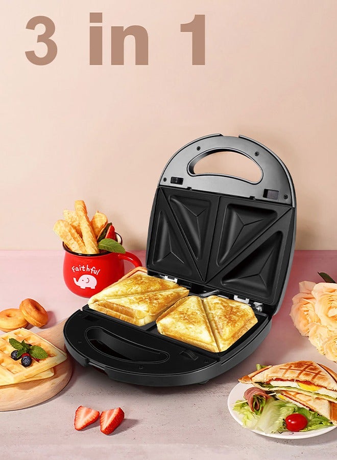 3-In-1 Sandwich Maker,2 Slot Non-Stick Interchangable Grill And Waffle Maker,Breakfast Maker With Indicator And Ready to Cook Lights 750W Silver/Black