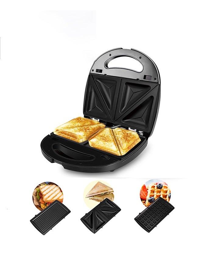 3-In-1 Sandwich Maker,2 Slot Non-Stick Interchangable Grill And Waffle Maker,Breakfast Maker With Indicator And Ready to Cook Lights 750W Silver/Black