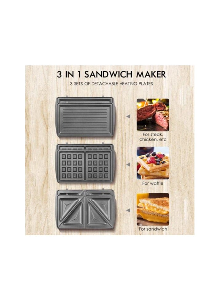 3-in-1 Waffle Sandwich Maker with Removable Plates, 750W Non-Stick Electric Panini Press, Waffle Iron & Sandwich Toaster, Easy Clean