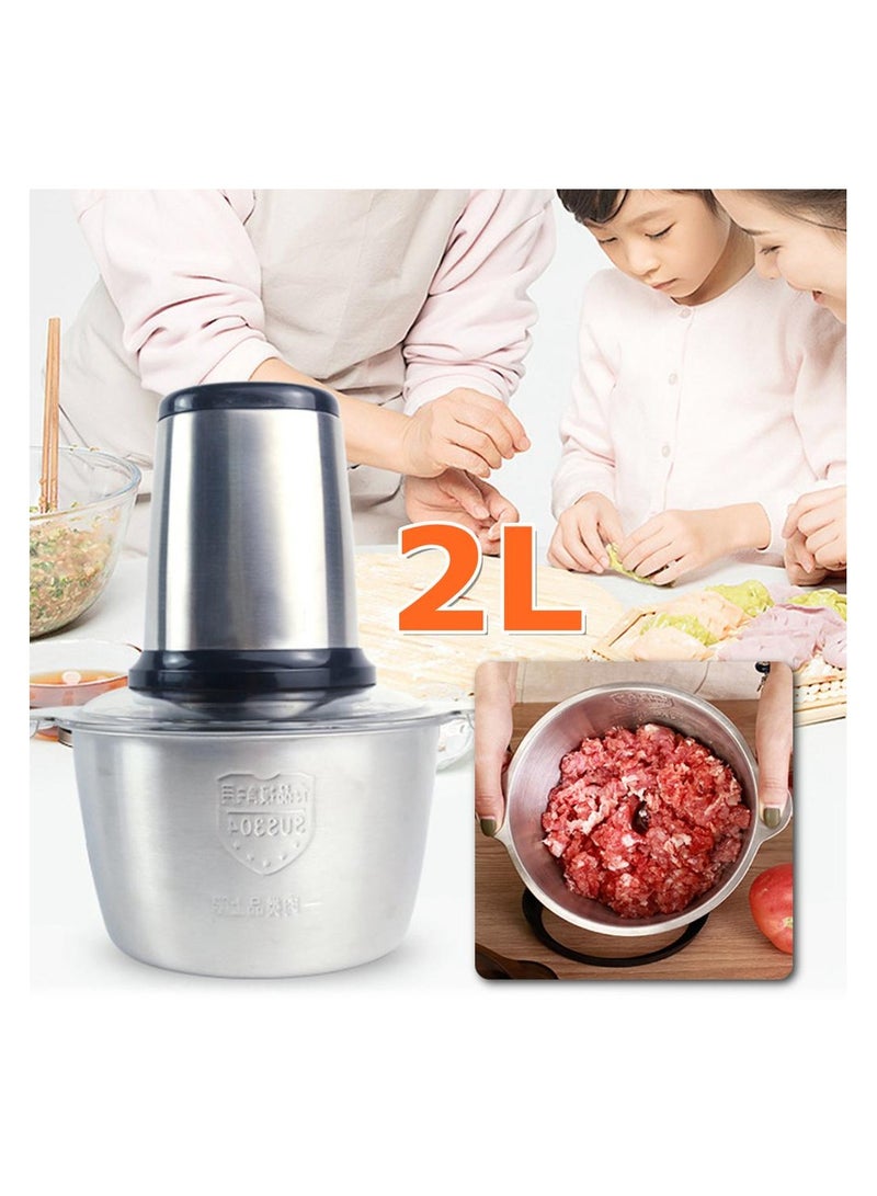 2 Speeds Stainless Steel Electric Chopper, 2L Meat Grinder Mincer Food Processor with Stainless Steel Blades, Multi-Function Kitchen Slicer for Vegetables, Fruits, and Meat