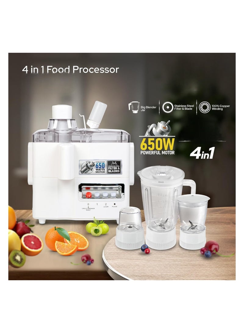 4-in-1 Food Processor, Juicer, Blender, Meat Chopper & Grinder | 2 Speeds + Pulse | Powerful Motor with Stainless Steel Blades | Perfect for Dry & Wet Fine Grinding, Mixing & Juicing | Multi-Function Kitchen Appliance