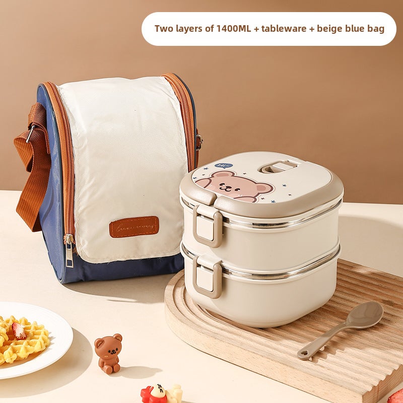 Large Capacity Insulated Lunch Box for Work Hehe bear two-layer 1400ml + tableware + Rice blue bag