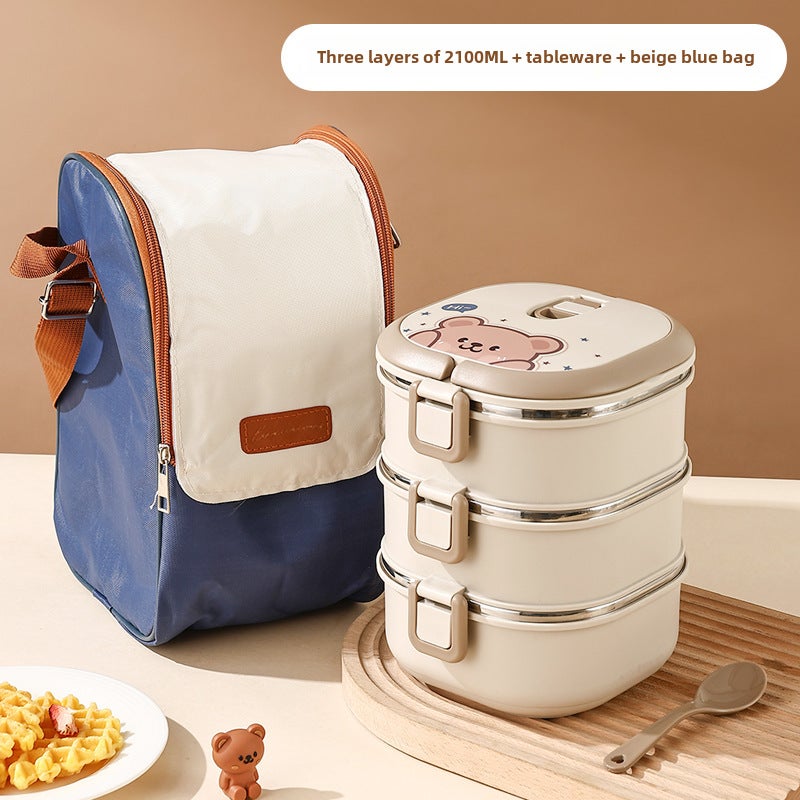 Large Capacity Insulated Lunch Box for Work Hehe bear three-layer 2100ml + tableware + Rice blue bag