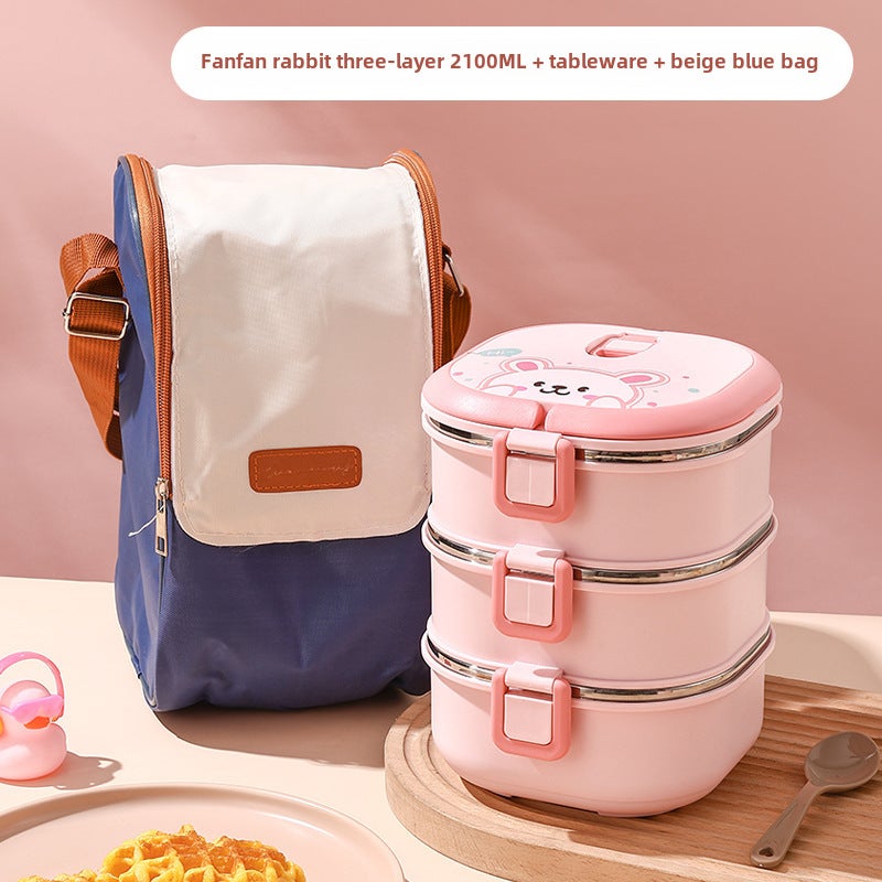 Large Capacity Insulated Lunch Box for Work Fan Fan rabbit three-layer 2100ml + tableware + Rice blue bag