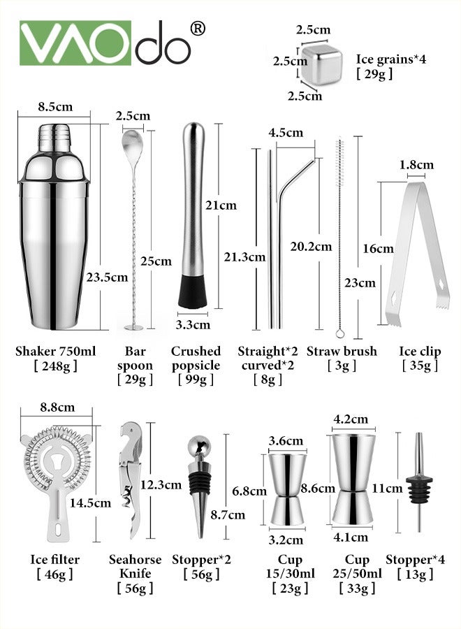 25PCS Cocktail Shaker Set Stainless Steel Bartender Kit with Acrylic Stand Professional Bar Tools for Drink Mixing Home Bar Party Include 4 Whiskey Stones