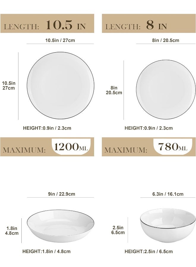24-Piece Gourmet Porcelain Dinnerware Sets, Modern White with Black Rim Round Dish Set for 6