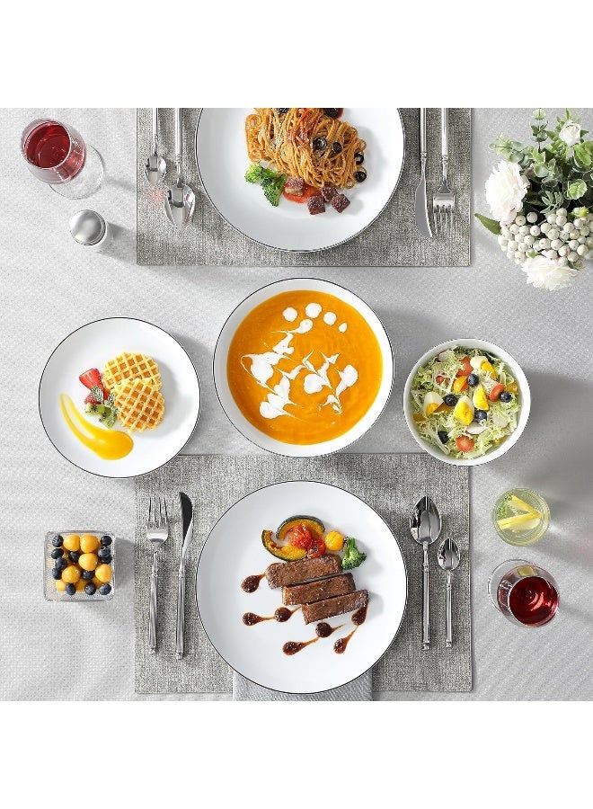 24-Piece Gourmet Porcelain Dinnerware Sets, Modern White with Black Rim Round Dish Set for 6