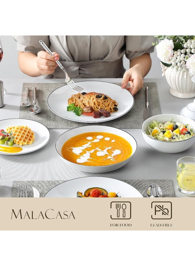 24-Piece Gourmet Porcelain Dinnerware Sets, Modern White with Black Rim Round Dish Set for 6
