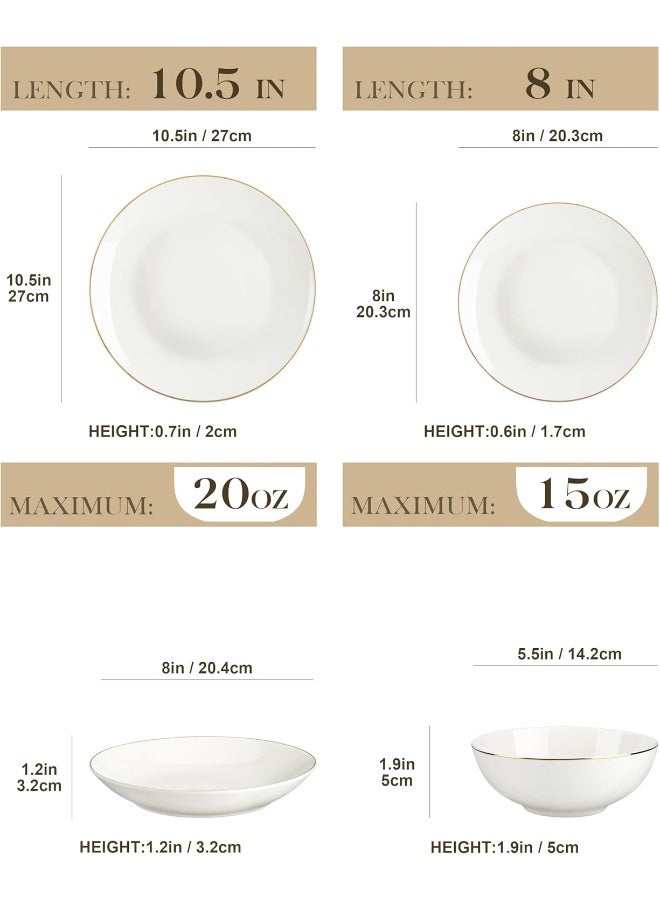 Upscale Bone China Dinnerware Set, 16 Pieces Plates and Bowls Sets with Gold Rim, Cream-White Dinner Plate for Dessert Soup and Small Cereal Bowl, Lightweight Dish Set for 4, Series JERA