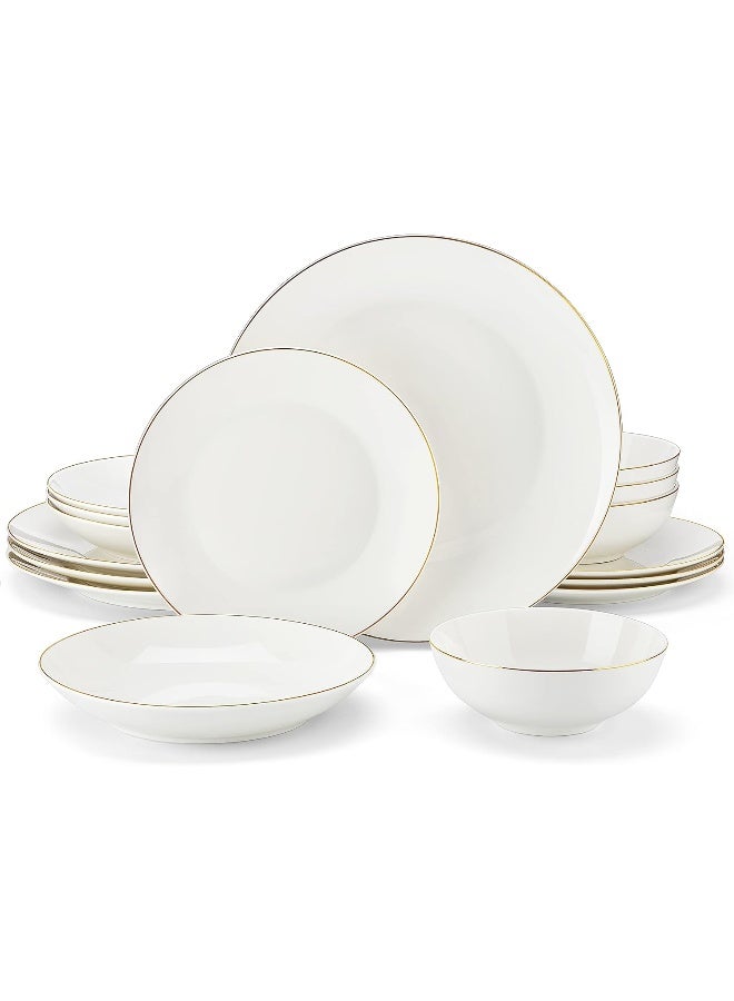 Upscale Bone China Dinnerware Set, 16 Pieces Plates and Bowls Sets with Gold Rim, Cream-White Dinner Plate for Dessert Soup and Small Cereal Bowl, Lightweight Dish Set for 4, Series JERA