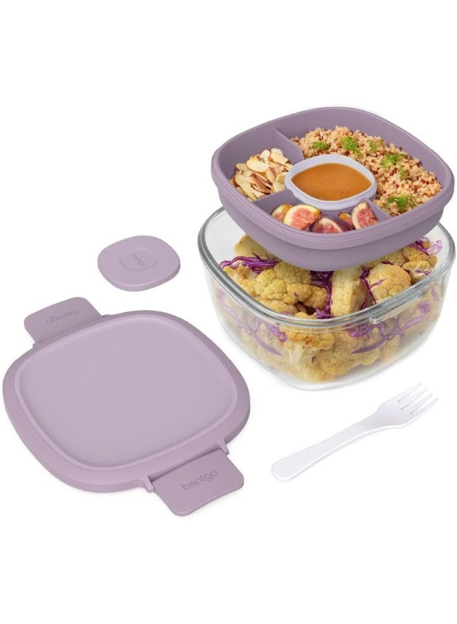 Glass All-in-One Salad Container - Large 61-oz Salad Bowl with Lid, 4-Compartment Bento-Style Tray, 3-oz Sauce Container, and Reusable Fork - Dishwasher, Microwave, and Oven Safe (Lavender)