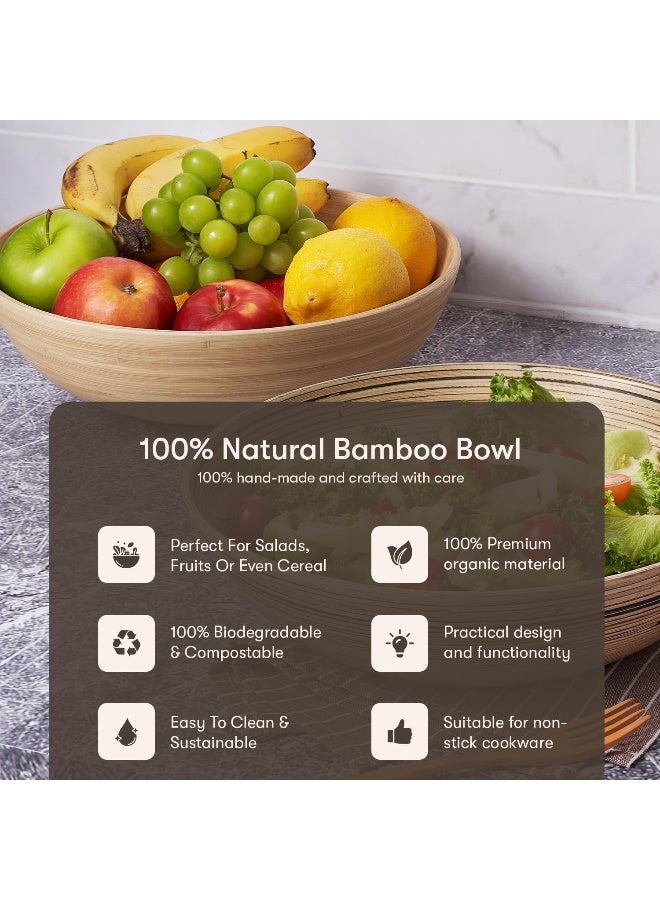 Bamboo Salad Bowl 12 Inch Lightweight Popcorn Bowl, Extra Large Serving Bowl or Chip Bowl for Party Snacks, Handcrafted Salad Bowls Large Serving (Wood Color)