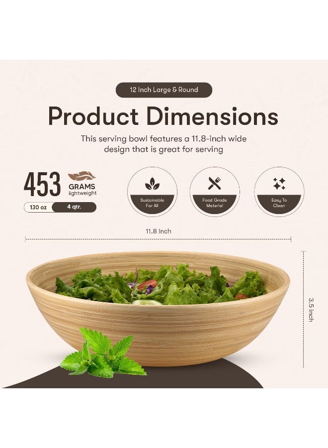 Bamboo Salad Bowl 12 Inch Lightweight Popcorn Bowl, Extra Large Serving Bowl or Chip Bowl for Party Snacks, Handcrafted Salad Bowls Large Serving (Wood Color)