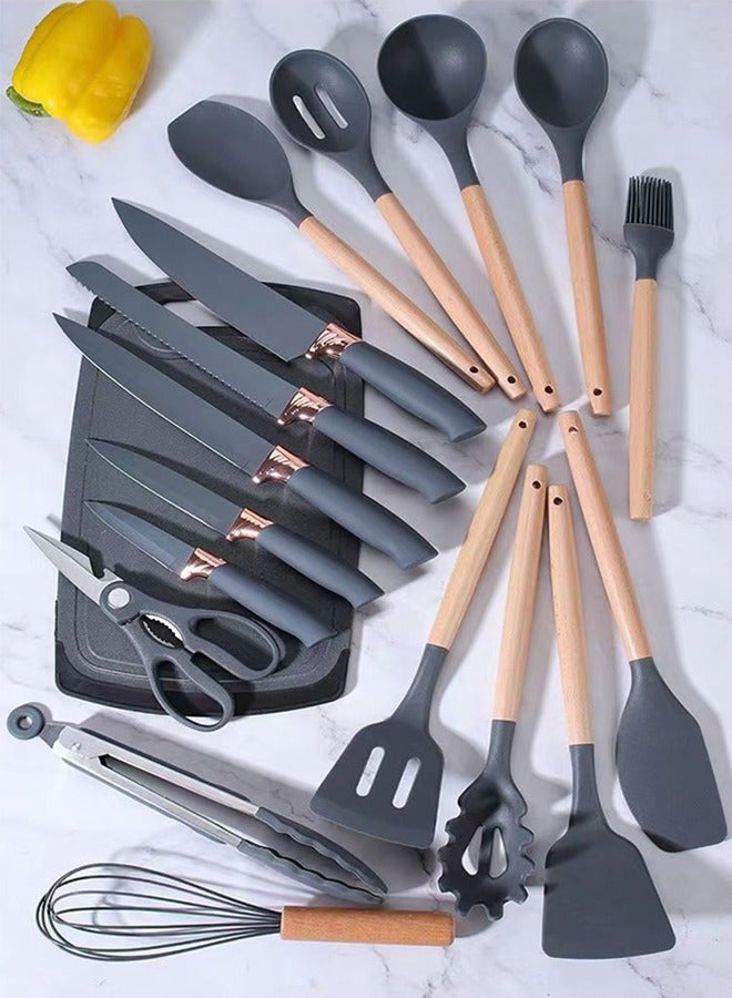 19-Piece Knife and Kitchenware Set Cookware Tools Spoons and Knifes Set Grey