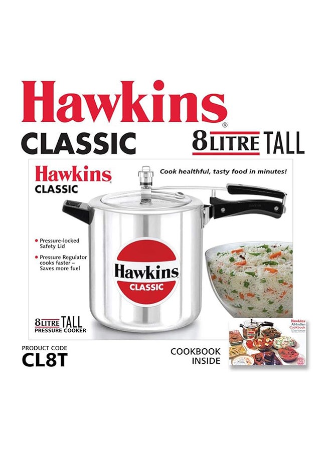 Hawkins Classic Aluminium Pressure Cooker, 8 Litres Taller Body, Silver