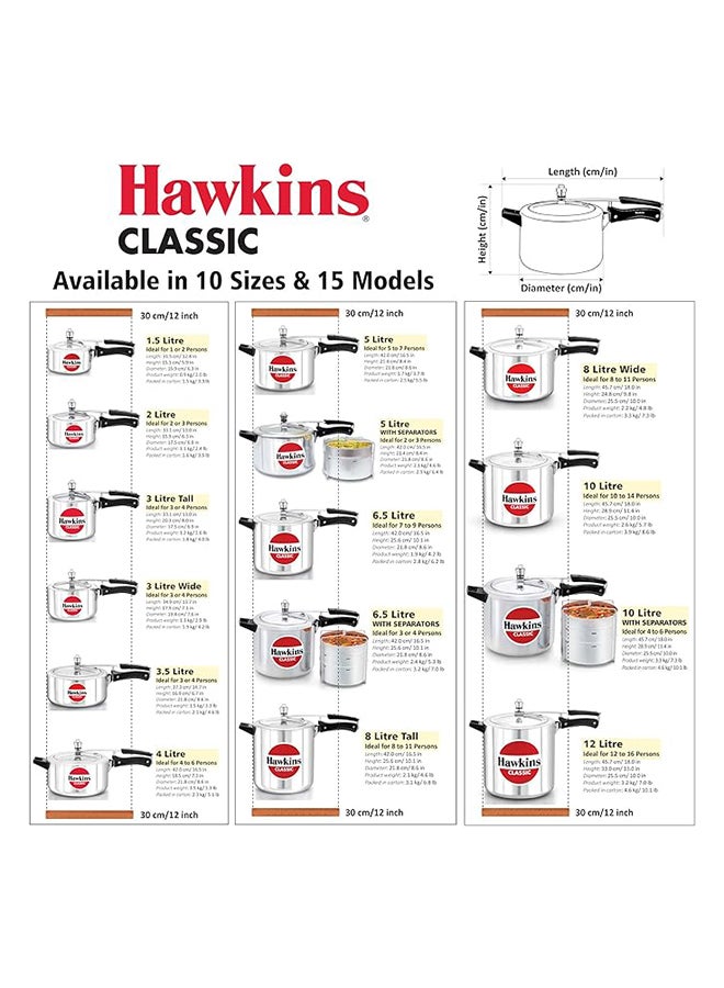 Hawkins Classic Aluminium Pressure Cooker, 8 Litres Taller Body, Silver