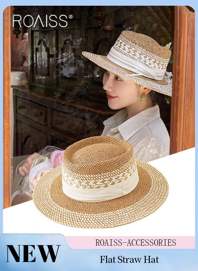 Women's Retro Wide-brimmed Flat Straw Hat, Sun Protection Panama Round Hat, Summer Beach Hat Suitable for Seaside Vacation Travel