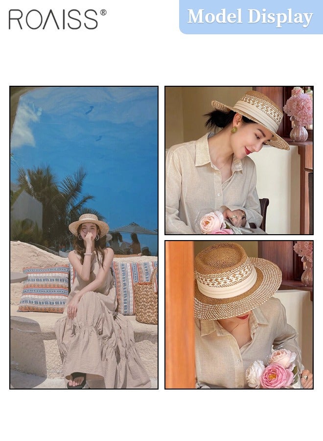 Women's Retro Wide-brimmed Flat Straw Hat, Sun Protection Panama Round Hat, Summer Beach Hat Suitable for Seaside Vacation Travel